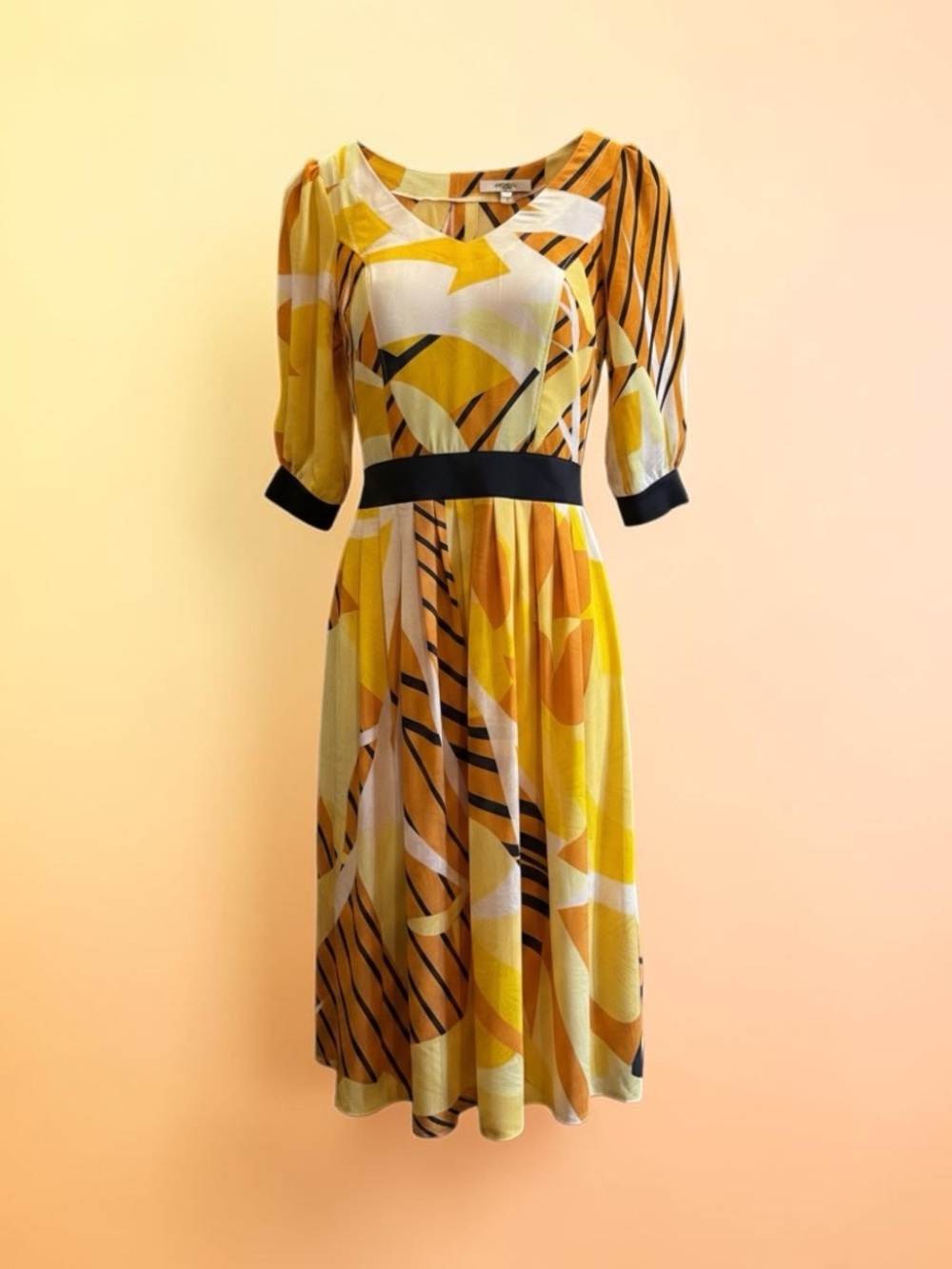 Quality Stiched Avante Yellow Abstract Print Midi Dress with Black Waistband XS